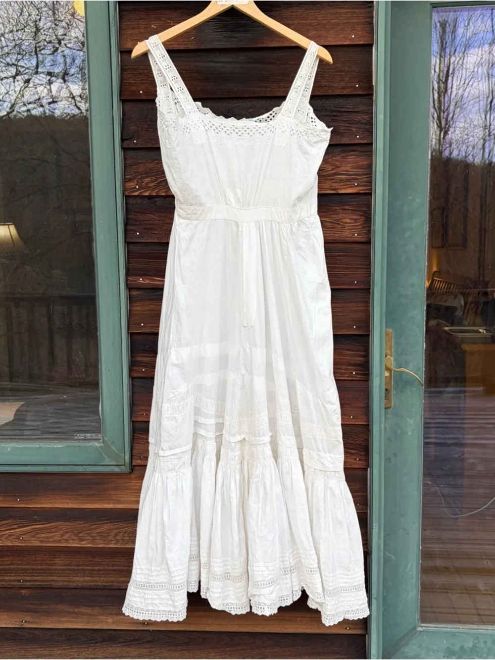 Antique Edwardian White Cotton Eyelet Tiered Prairie Midi Petticoat Dress Size 8 - Picture 7 of 16